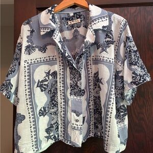 Free People Blue Casual Button Down “Camp” Shirt with Bandana/Nautical Design